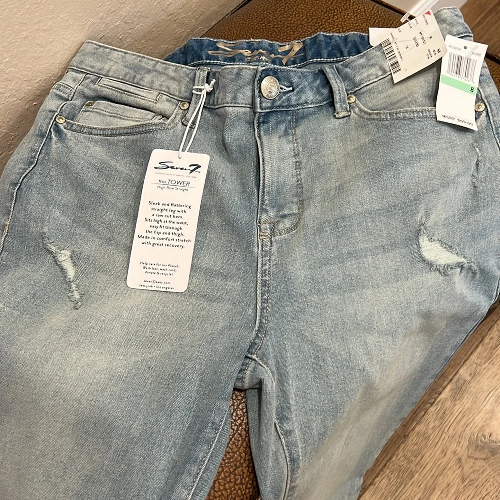 New Seven 7 Lady Stone Wash Distressed Premium Jeans High Waisted Rise Straight! - Picture 7 of 9